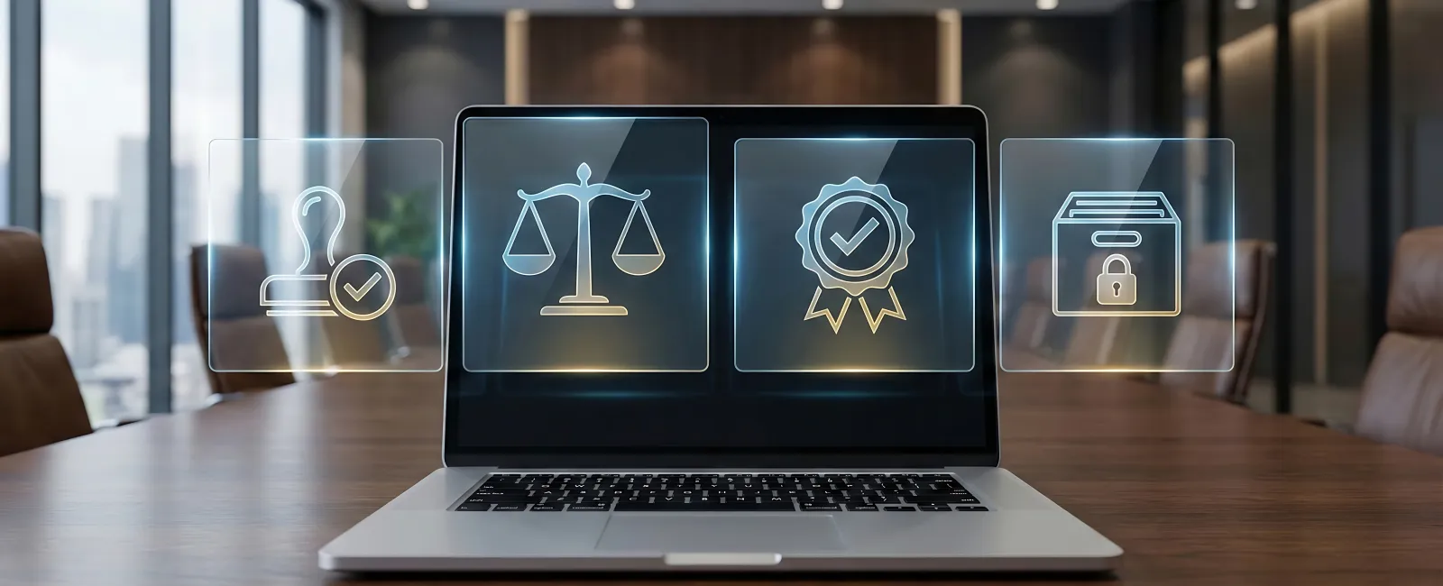 Laptop on conference table with floating legal icons of approval, balance, certification, and security in office.