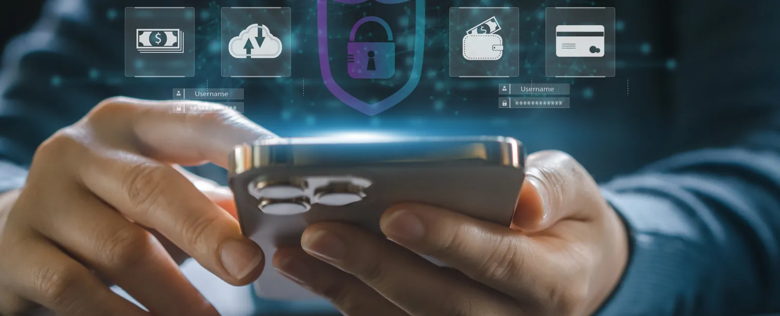 Person holding smartphone with digital icons of money, cloud, security shield, wallet, and credit card floating above.