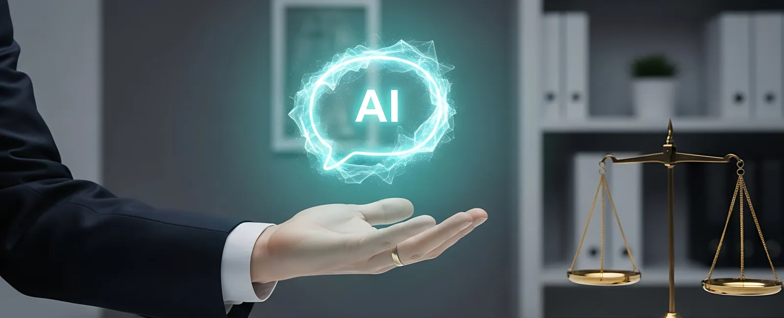 Lawyer working on laptop at office desk with Lady Justice statue and legal documents in foreground