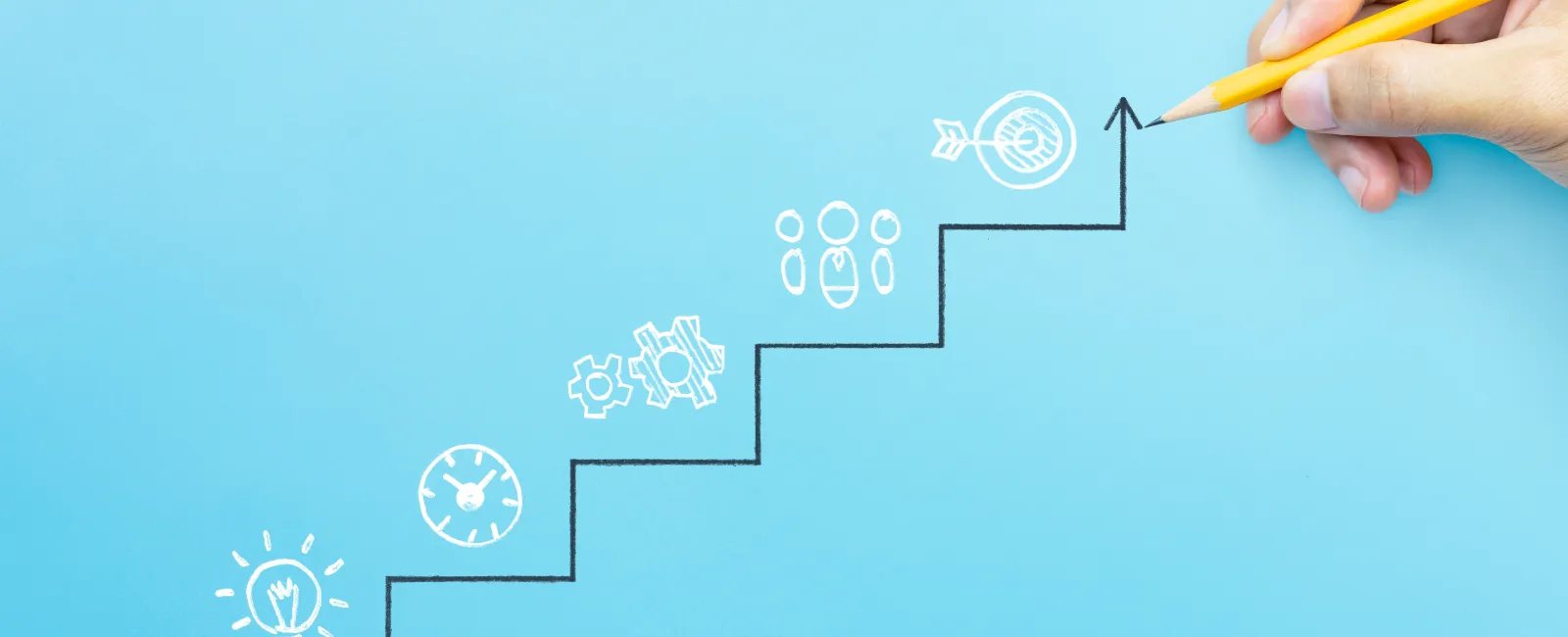 Hand drawing business growth steps with icons for ideas, time, teamwork, and target on blue background.