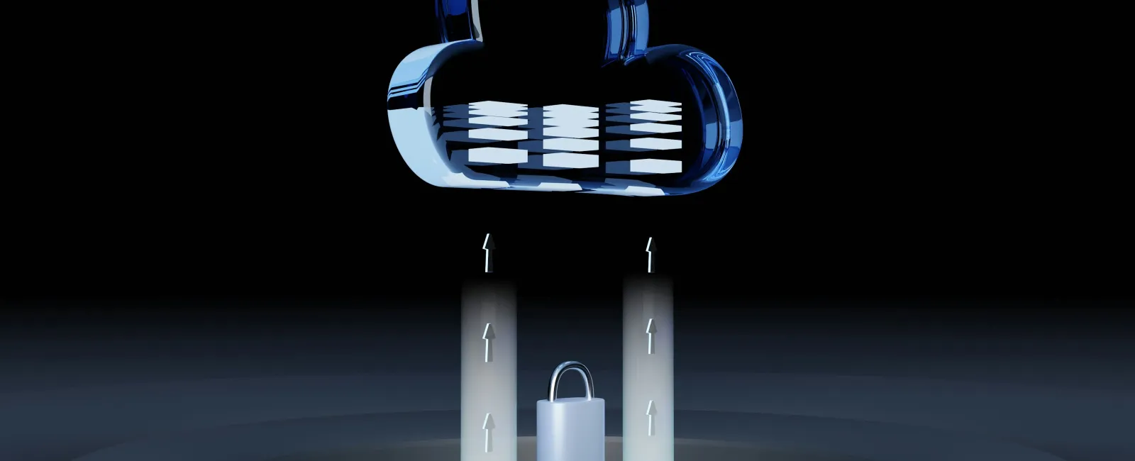 Blue transparent cloud icon with server stacks and a lock symbolizing secure cloud data storage and protection.