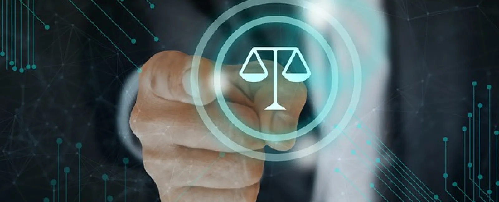 Person pointing at digital scales of justice icon with blockchain technology network background