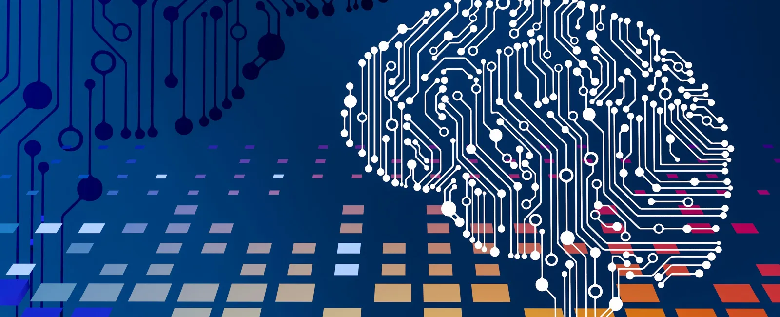 Digital brain circuitry over colorful pixels symbolizing artificial intelligence and technology innovation.
