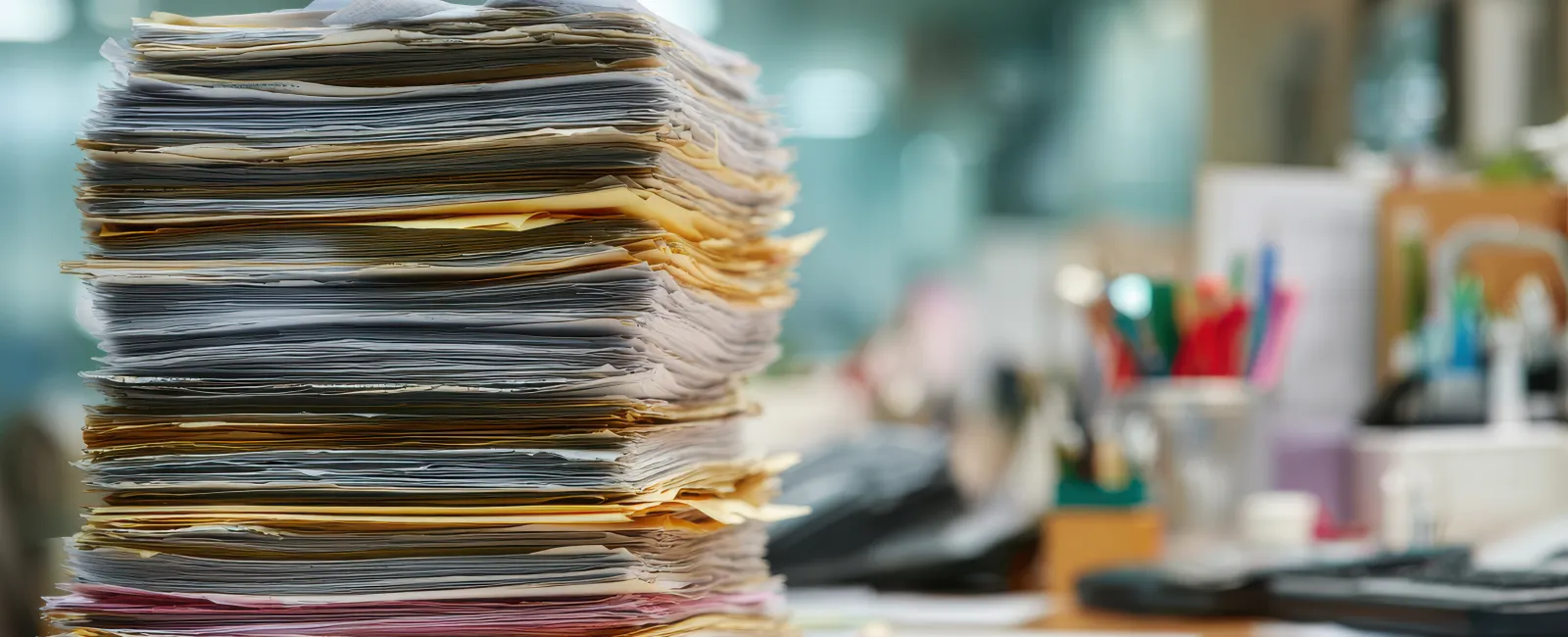 Tall stack of assorted documents and file folders piled on a cluttered office desk with blurred background.