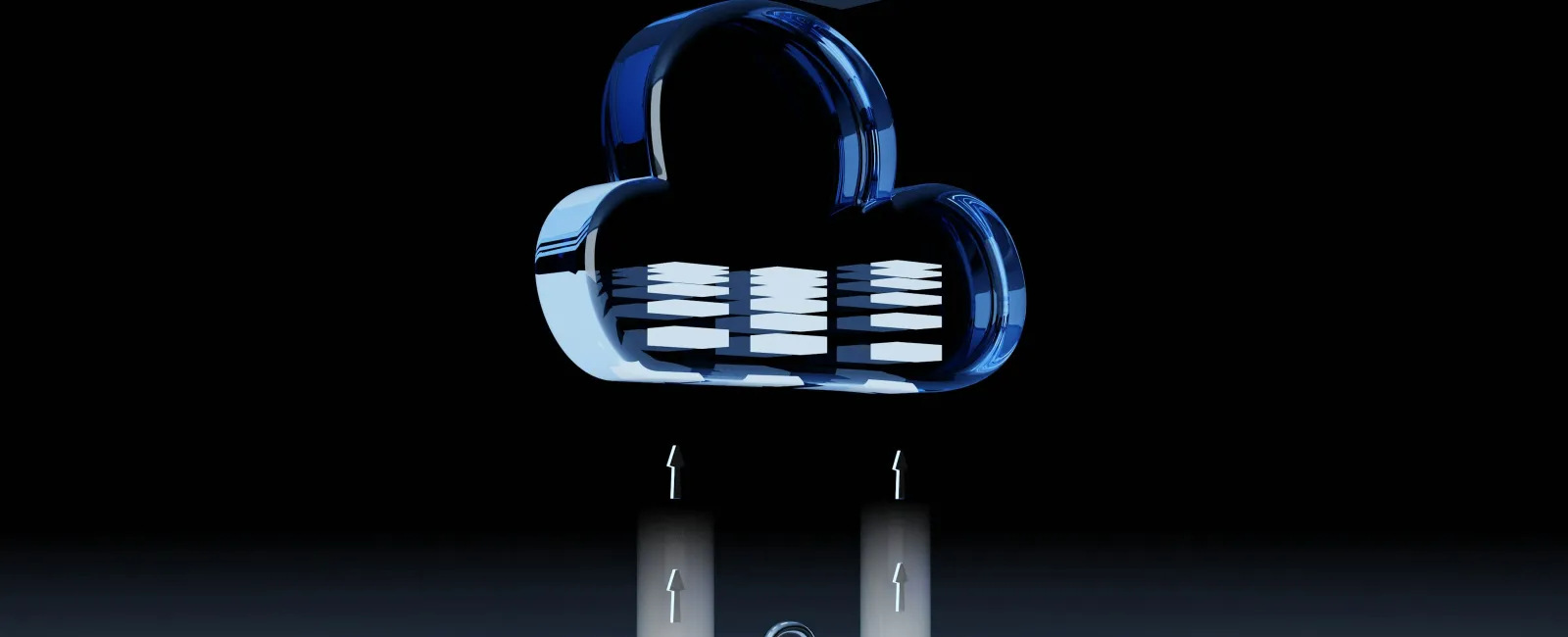 3D blue cloud icon above two pillars with arrows and a padlock symbolizing secure cloud data transfer.