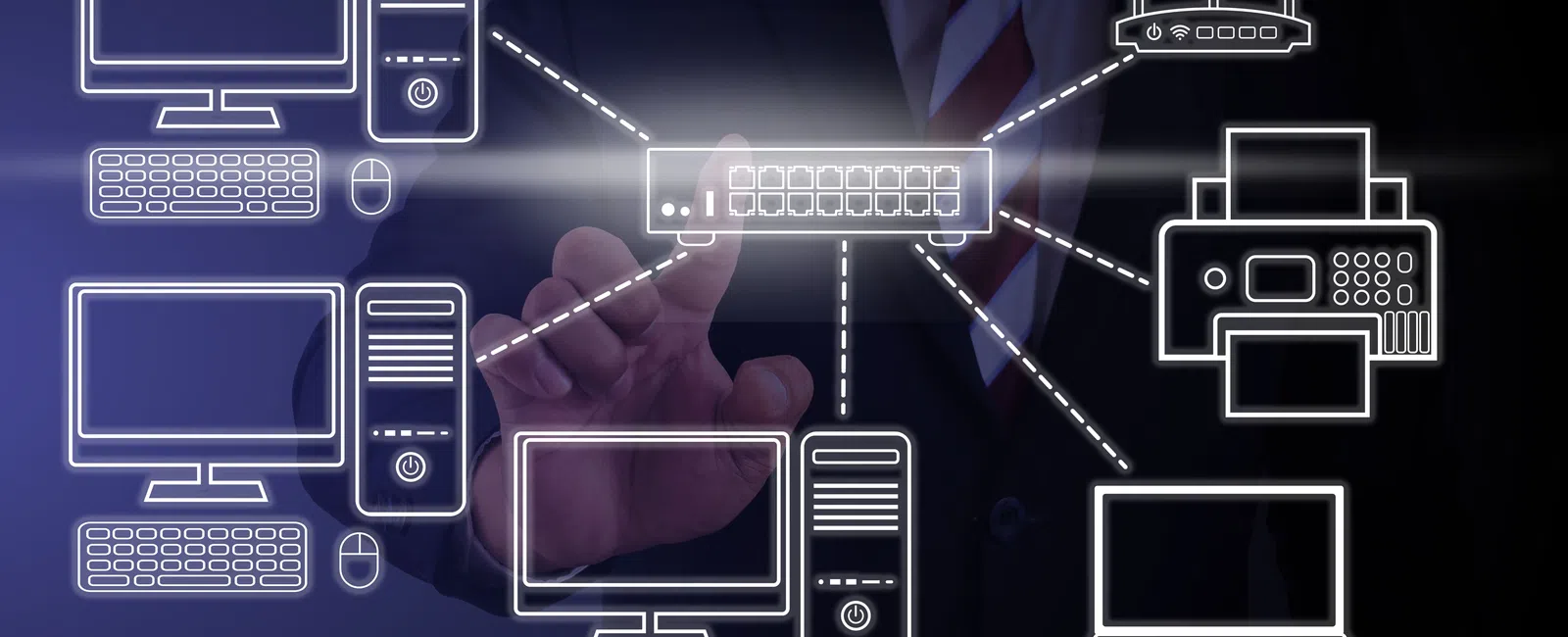 Businessman interacting with digital network diagram showing connections between computers, printer, and wireless router
