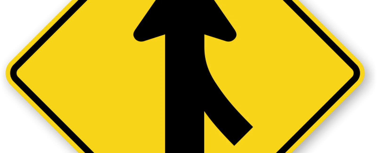 Yellow diamond-shaped road sign indicating a merging traffic lane from the right