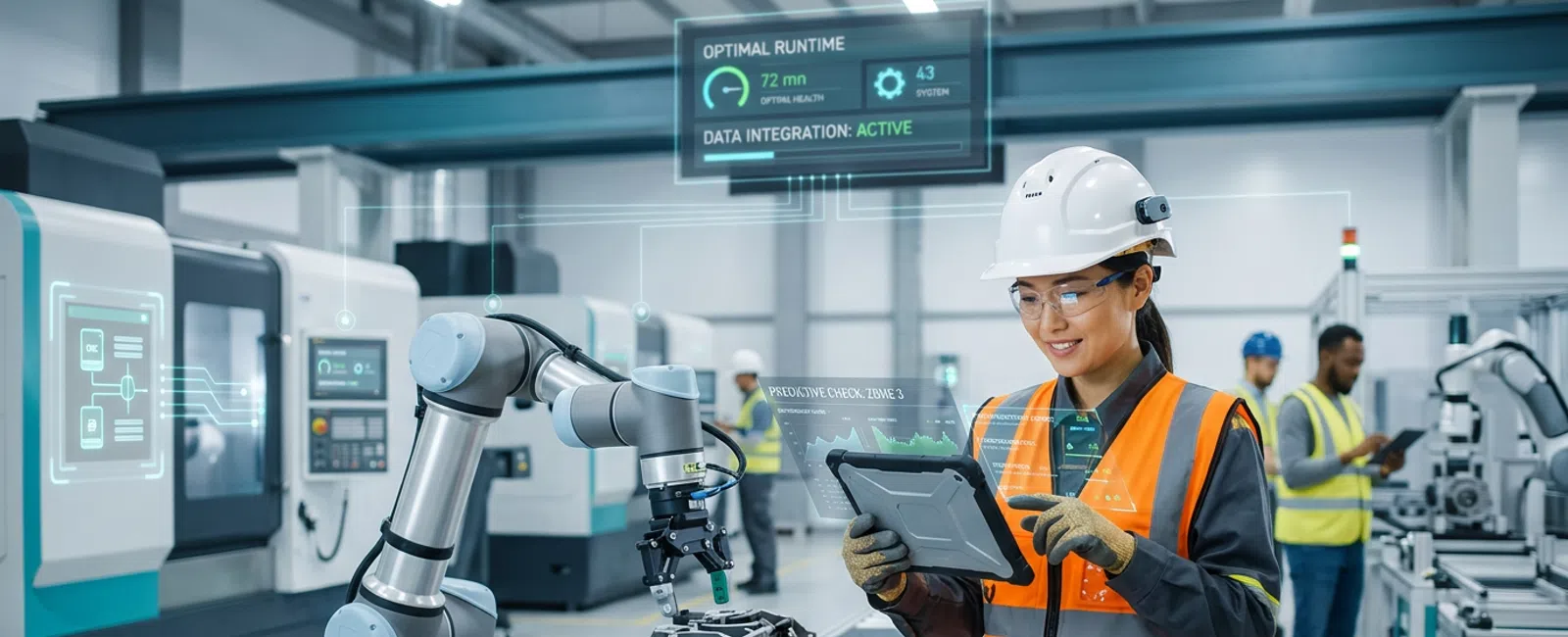 Engineer in safety gear uses tablet to control robotic arm assembling machine parts in modern factory with overlaid data visuals
