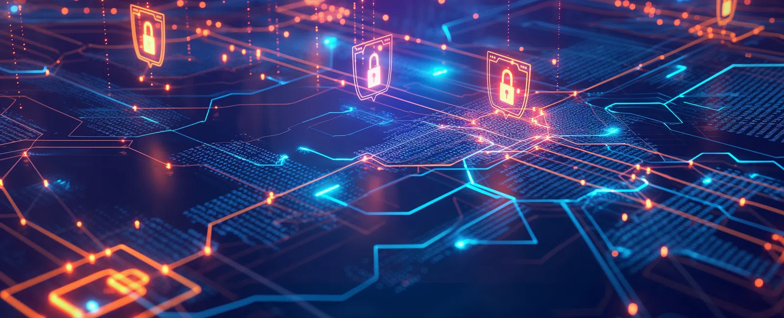 Digital network with glowing lock icons representing cybersecurity and data protection