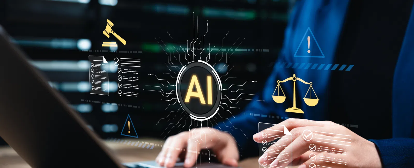 Person using laptop with AI legal technology icons including scales of justice and a gavel overlayed
