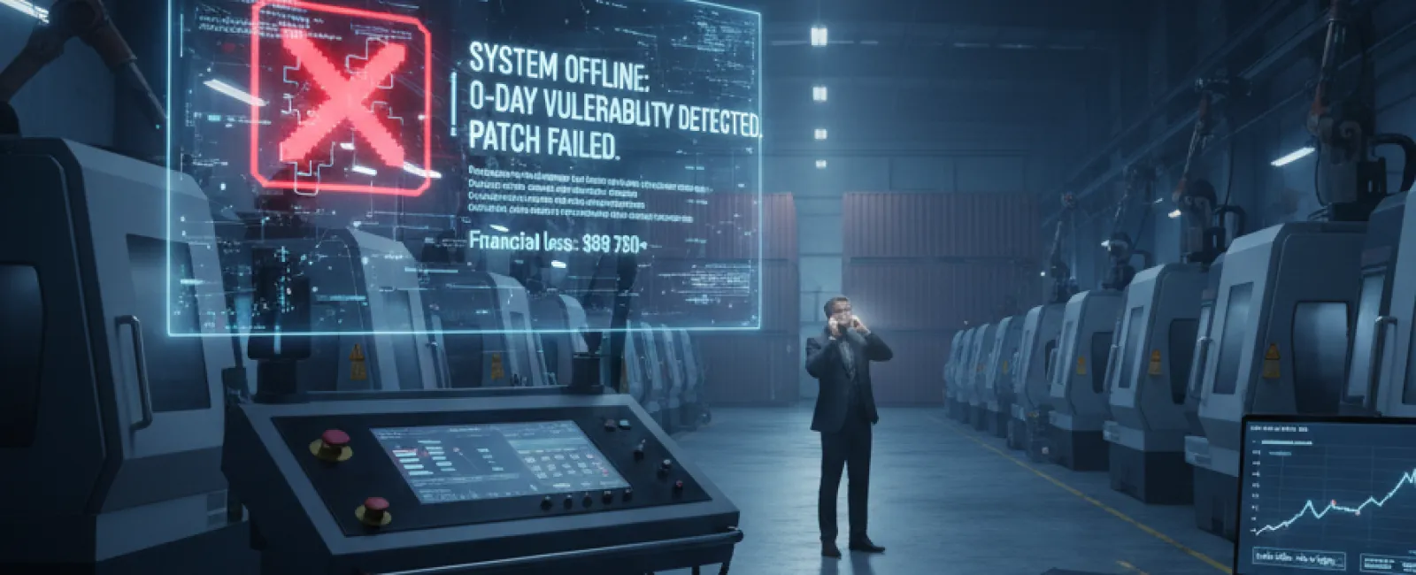 Man in factory with machines and holographic error message about system vulnerability and patch failure.