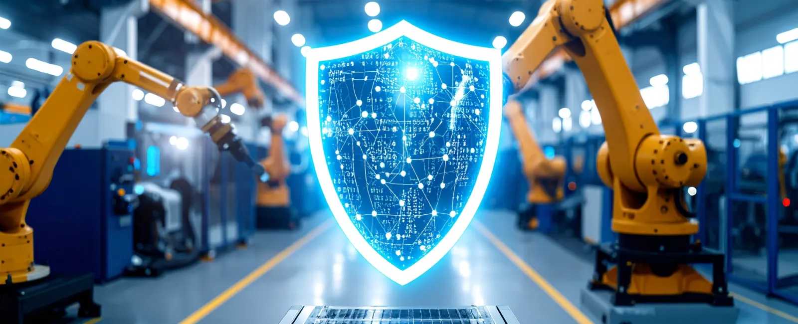 Glowing digital shield hologram representing cybersecurity in a factory with robotic arms and industrial equipment.
