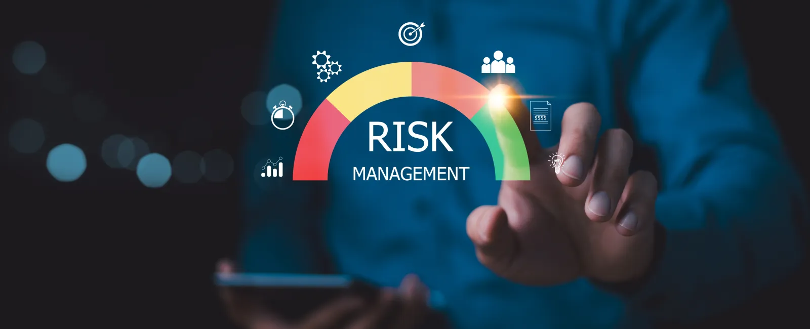 Person interacting with a digital risk management gauge highlighting various business icons in a dark background.
