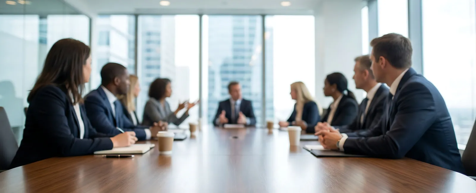 Business team in formal attire having a meeting around a large conference table in a modern office.
