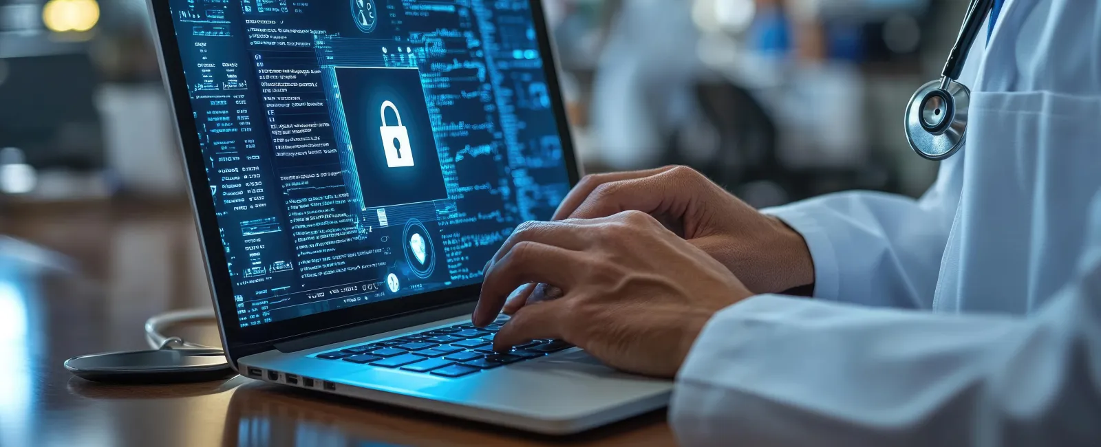 Doctor typing on laptop displaying digital security lock and code, symbolizing healthcare data protection.