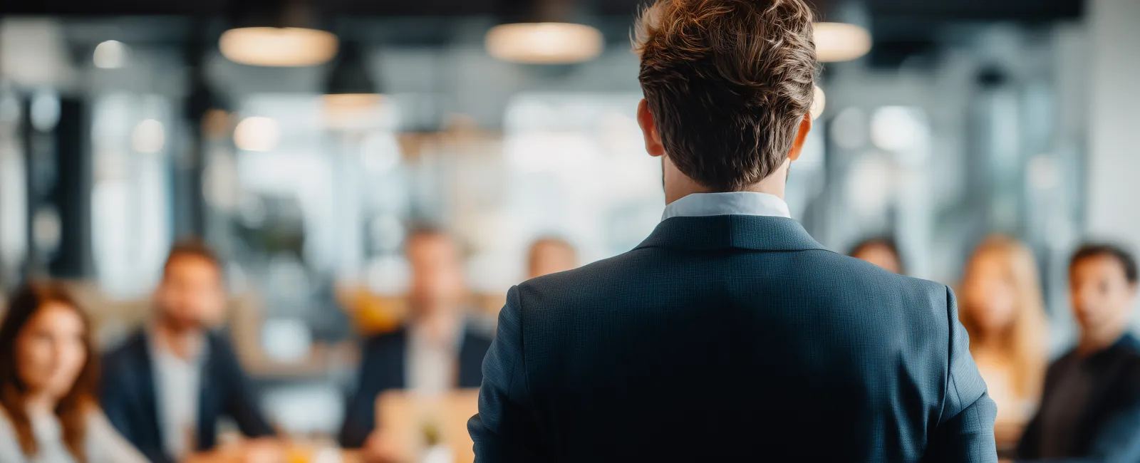 Businessman standing and addressing colleagues in a modern office meeting room.