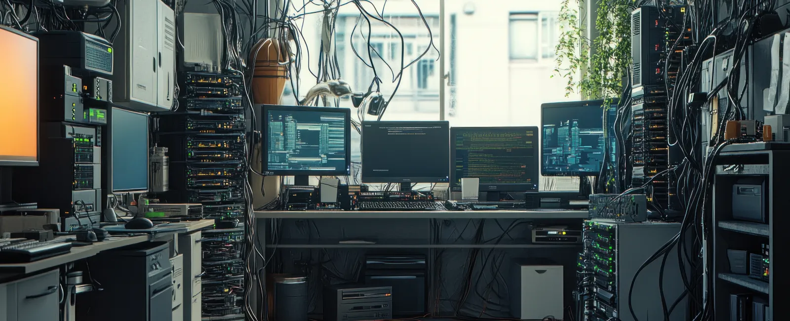 Server room with multiple monitors, tangled cables, network equipment, and natural light from large window.