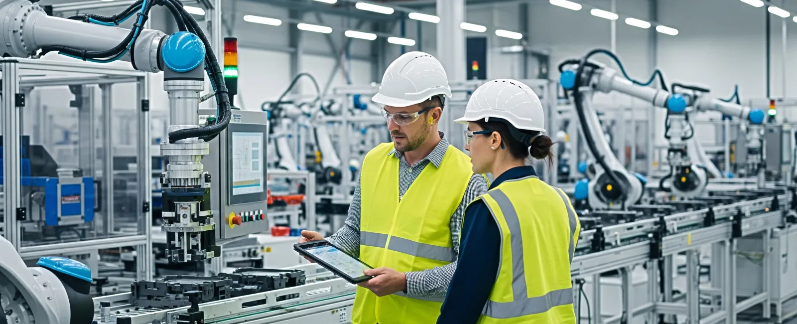 Two factory workers in safety gear operating robotic arms and monitoring production on a tablet in an automated plant.