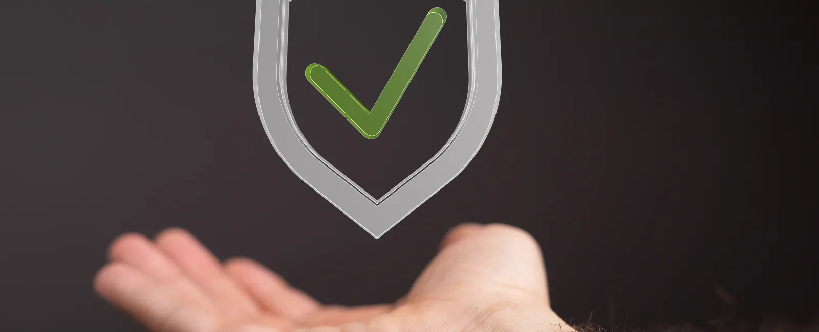 Open hand beneath a floating shield icon with a green check mark against a dark background symbolizing security.