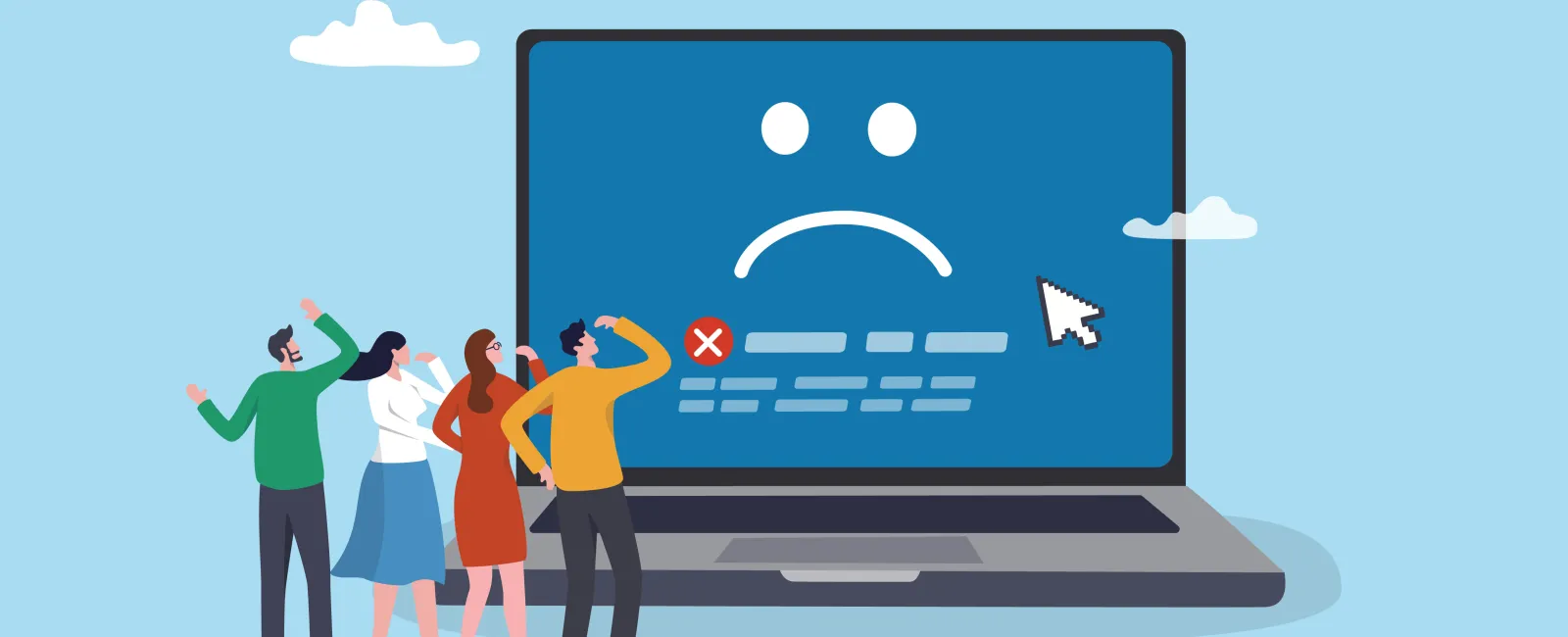 Group of people confused by a laptop showing a blue screen with a sad face and error message.