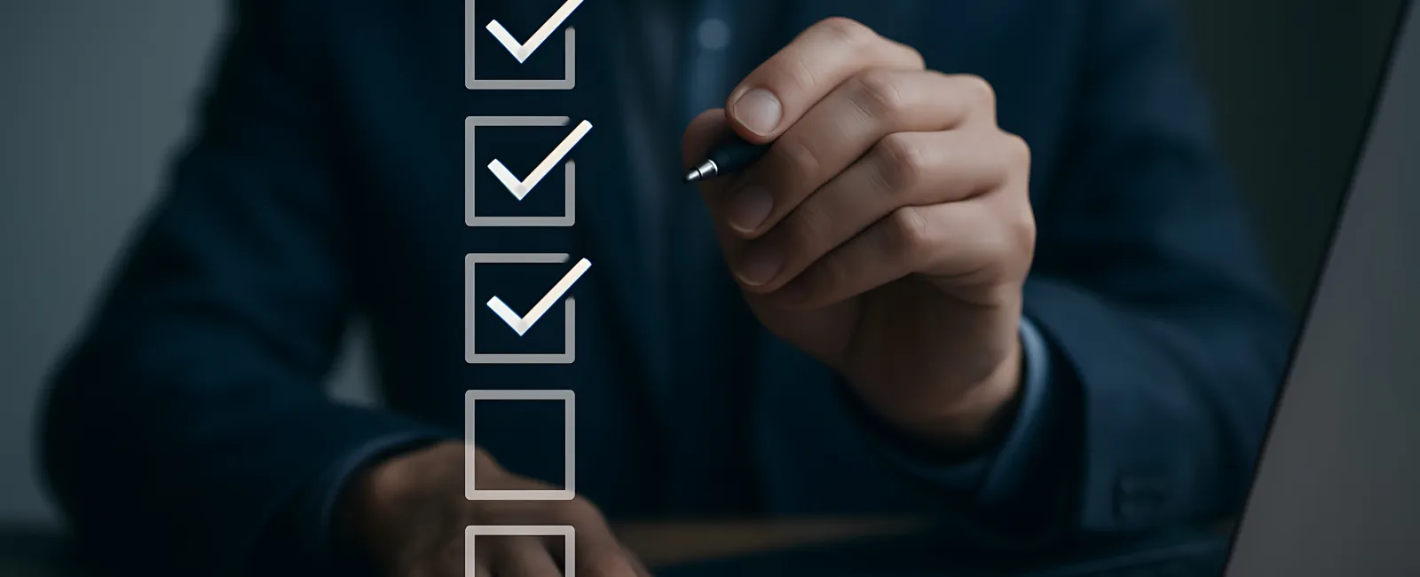 Man in suit checking off tasks on a digital checklist near a laptop, completing three of five boxes.