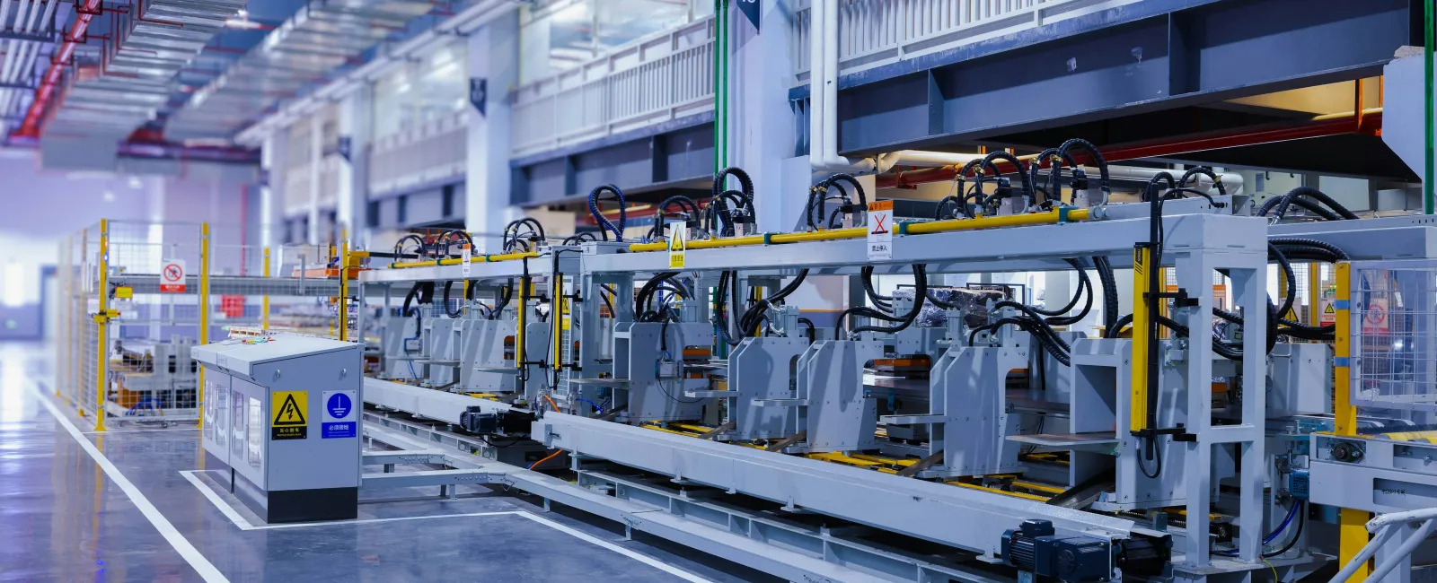 Automated industrial machinery in a clean, modern factory with overhead piping and safety warnings visible.