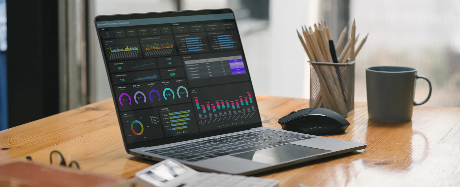 Laptop displaying business analytics dashboards on a wooden desk with office supplies and a coffee mug