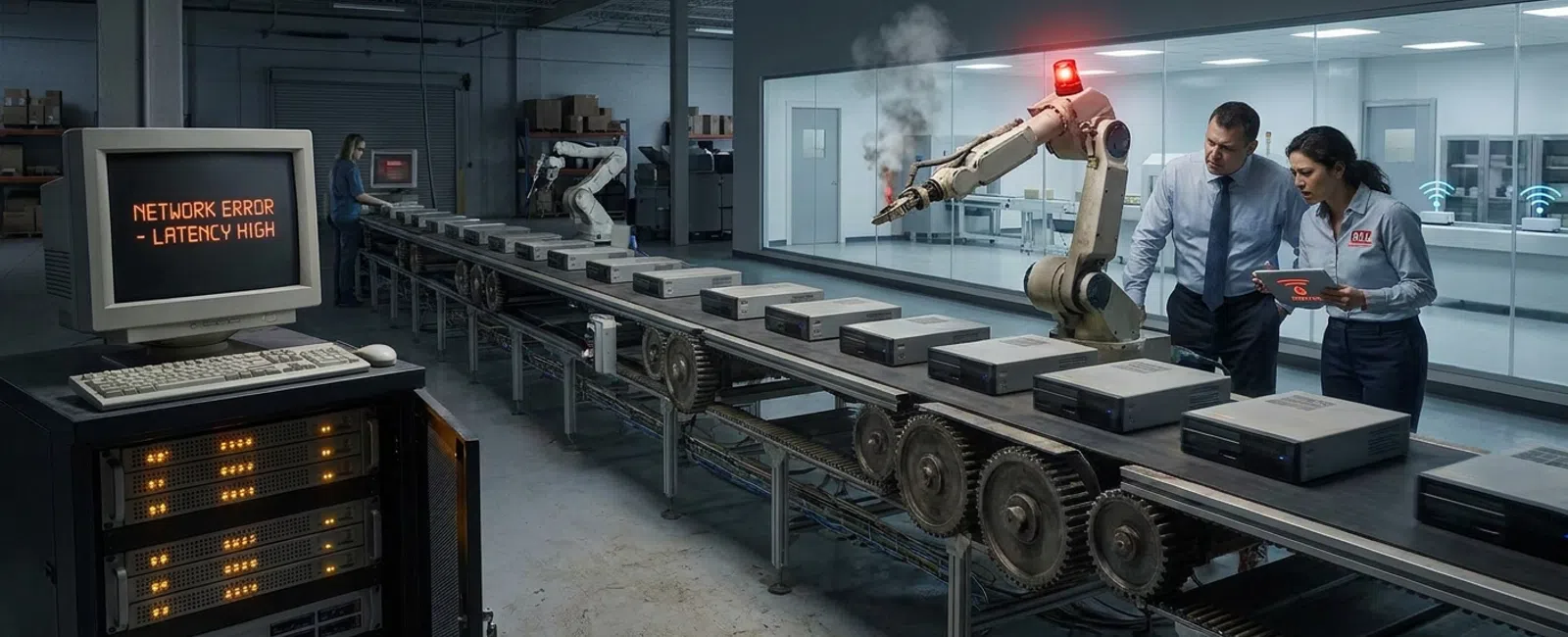 Factory conveyor with boxes, robotic arm showing red warning light, and workers inspecting network error issue.