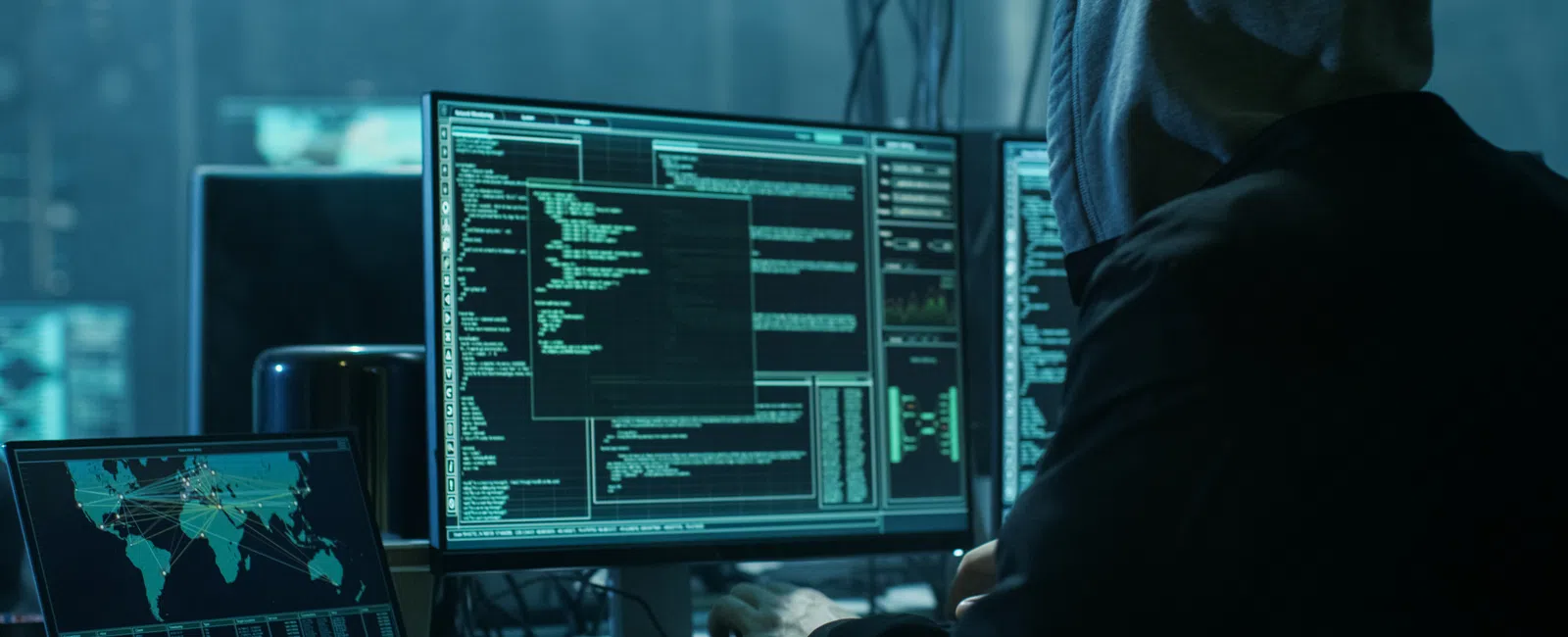 Person in a hoodie working on multiple screens showing code and global network maps in a dark room.