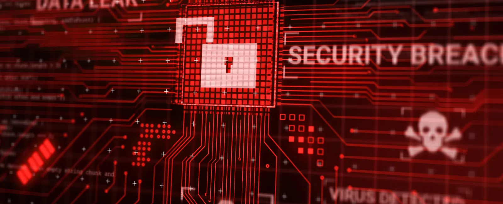Red digital circuit board with padlock icon, warning signs, and text about data leak and security breach.