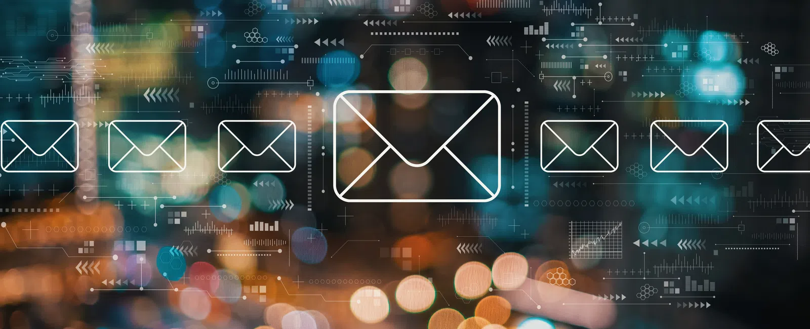 Digital envelope icons representing email communication over a blurred cityscape with data graphics.