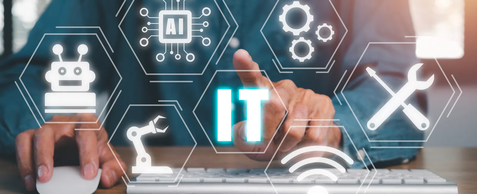 Person interacting with digital icons representing AI, robotics, IT, automation, and technology on keyboard.