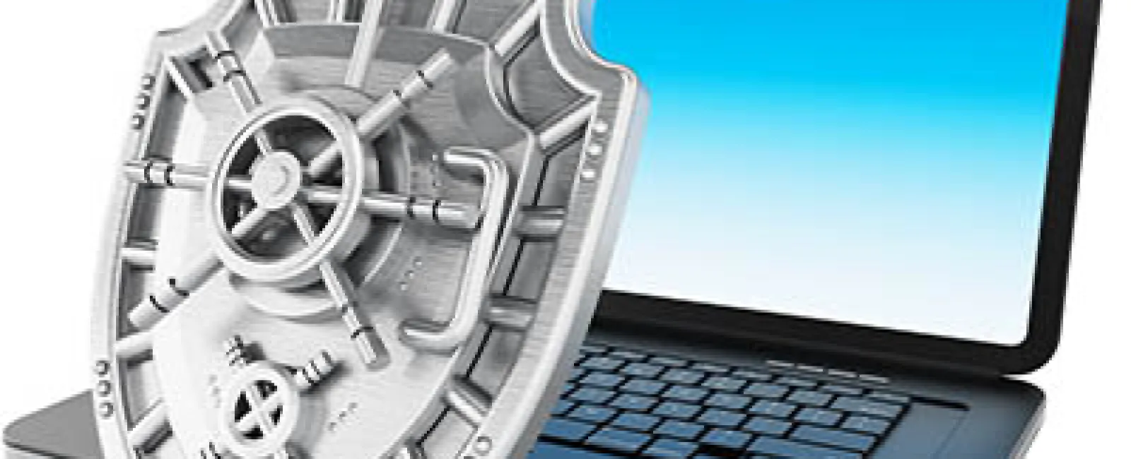 Laptop protected by a large metallic shield representing cybersecurity and data protection.