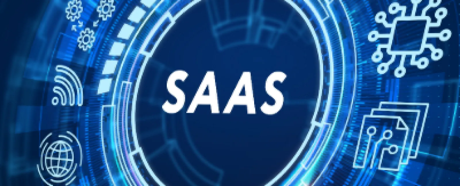 Digital blue SaaS concept with technology icons and circular interface elements on dark background