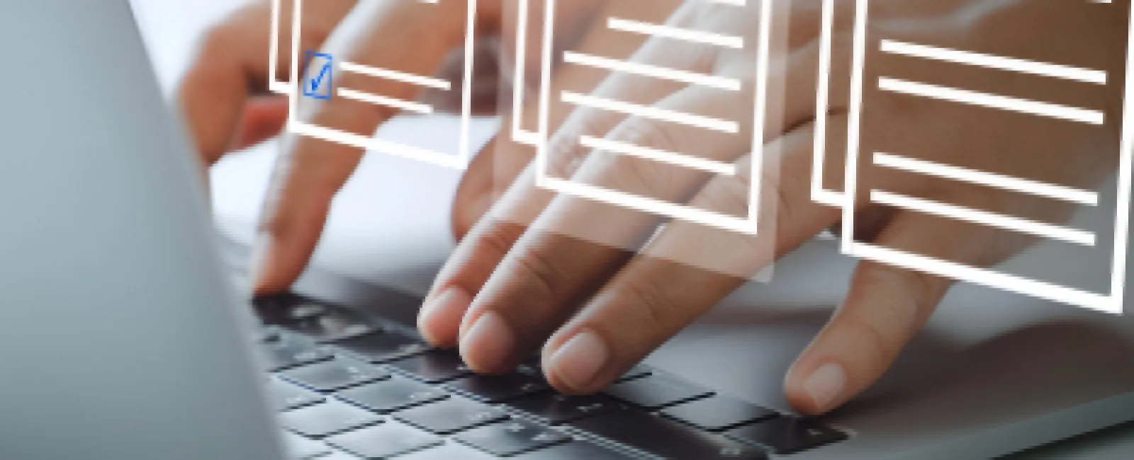 Hands typing on laptop keyboard with digital floating invoice and checklist documents overlayed
