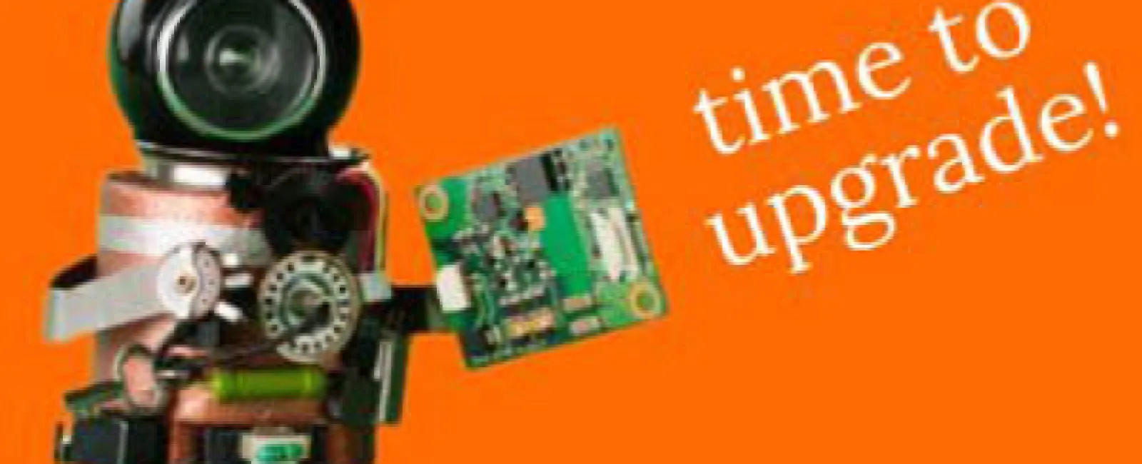 Robot made of electronic parts holding a circuit board with text time to upgrade on orange background