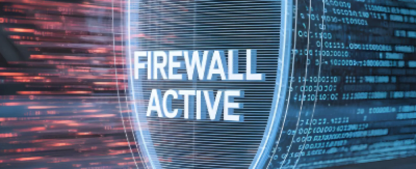Digital shield with firewall active text protecting against red and blue data streams on circuit board background
