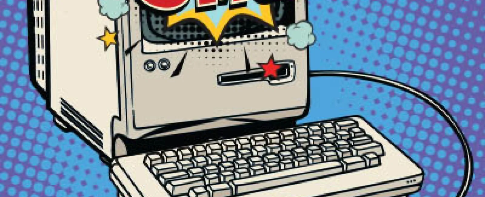 Retro computer with keyboard and mouse displaying a comic-style OMG expression on screen with colorful stars.