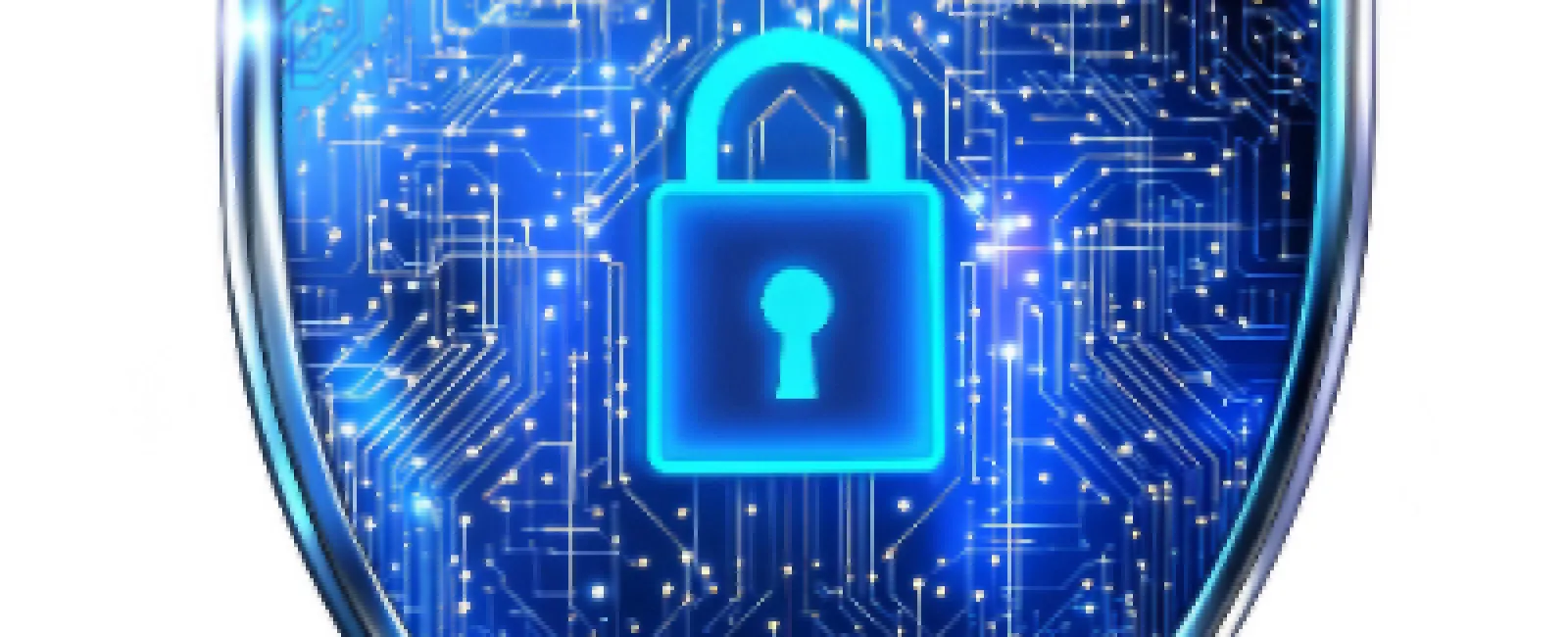 Blue digital shield with a glowing lock icon and circuitry pattern symbolizing cybersecurity protection.