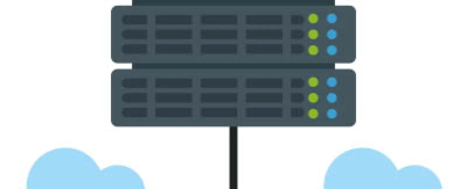 Three stacked servers connected to two cloud icons symbolizing cloud computing and data storage.