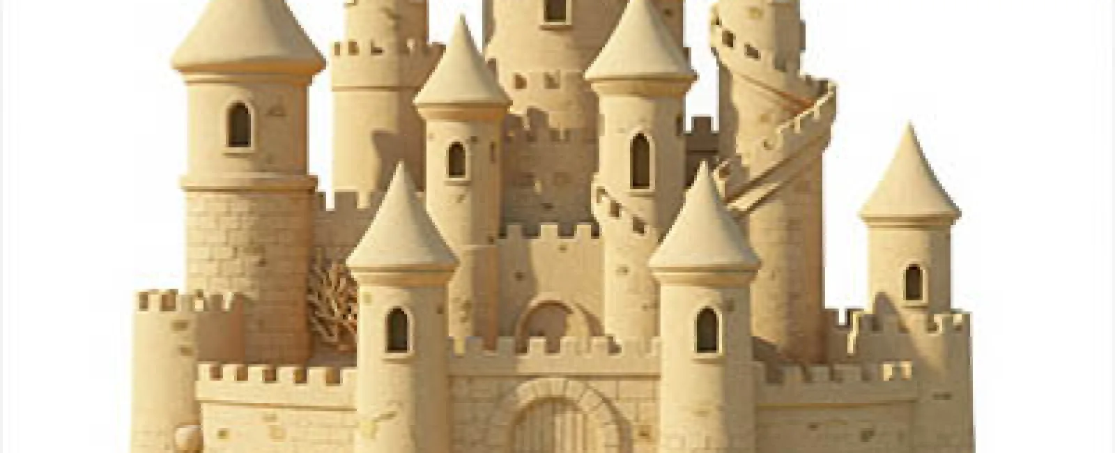 Detailed large sandcastle with multiple towers, arched doorway, starfish, and seashells on sandy base.
