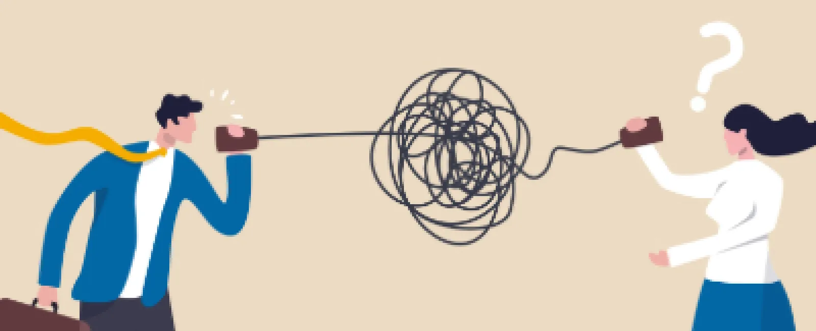 Man and woman using tin can phones with tangled string, symbolizing communication confusion or misunderstanding.