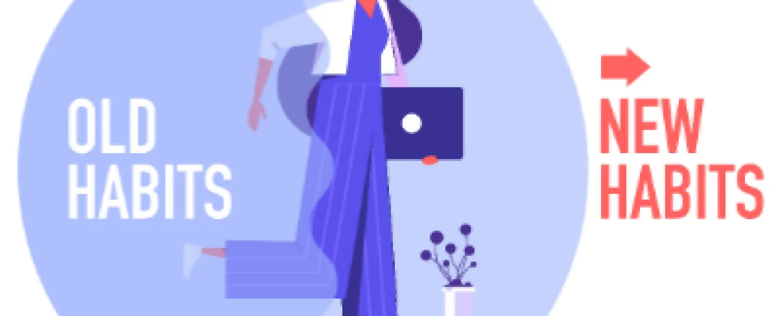 Woman stepping from old habits to new habits with a laptop in hand and directional arrow