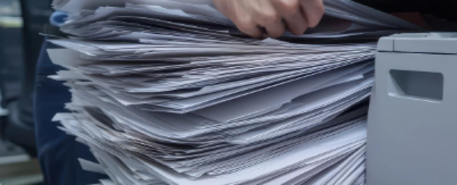 Person feeding a large stack of printed papers into an office printer or copier machine.