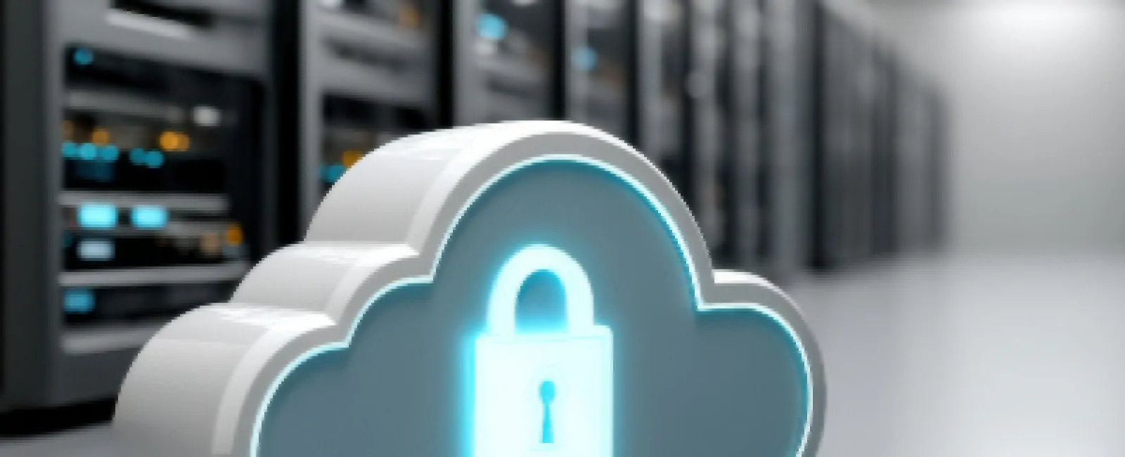 3D cloud with a lock icon representing cloud security in a server room with data racks in the background