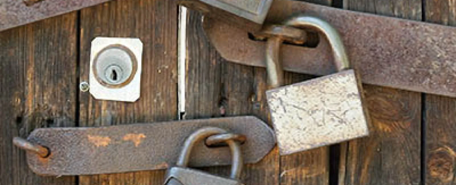 Four rusty padlocks securing a weathered wooden door with metal bars and a keyhole lock.