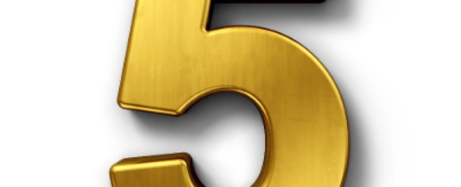 Shiny gold metallic number 5 with shadow on white background