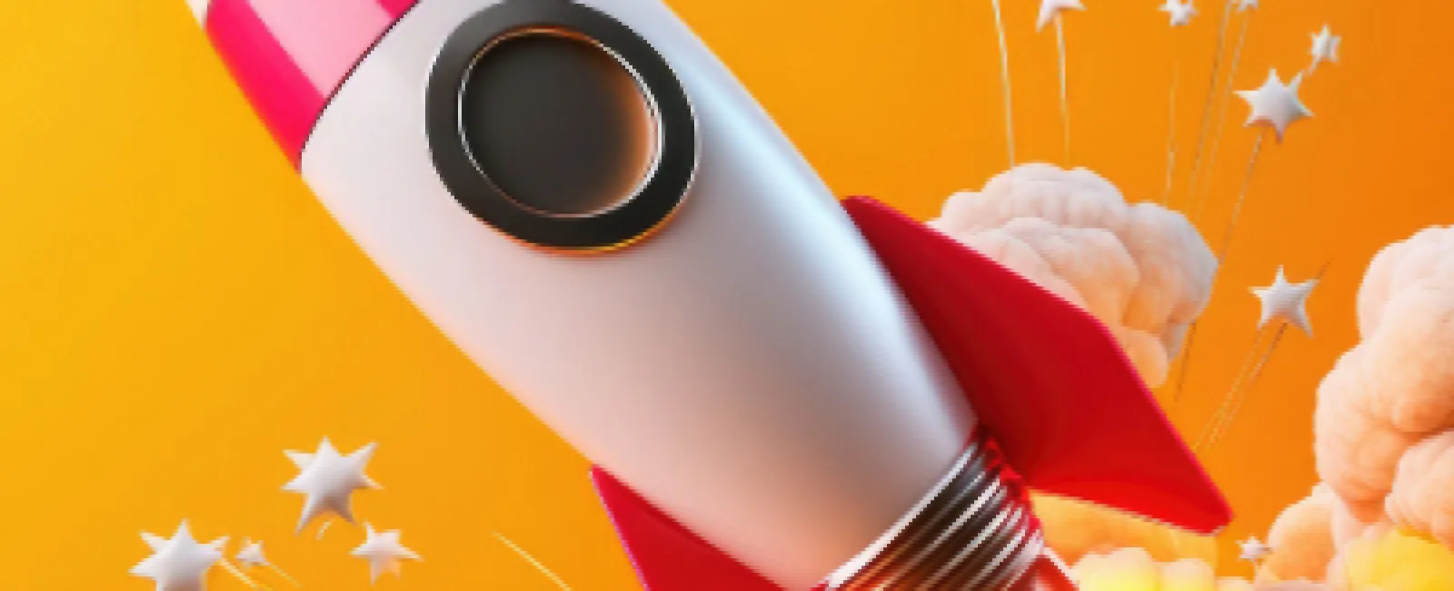 Red and white rocket blasting off with star-shaped sparks and smoke on vibrant orange background