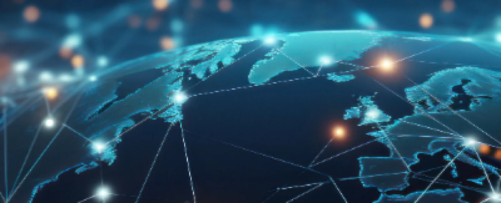 Digital globe with glowing connection points and lines representing global network and data exchange.