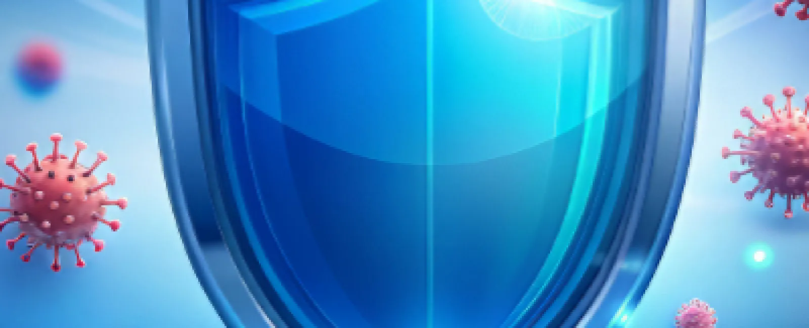 Shiny blue shield symbolizing protection against red virus particles on a bright blue background.